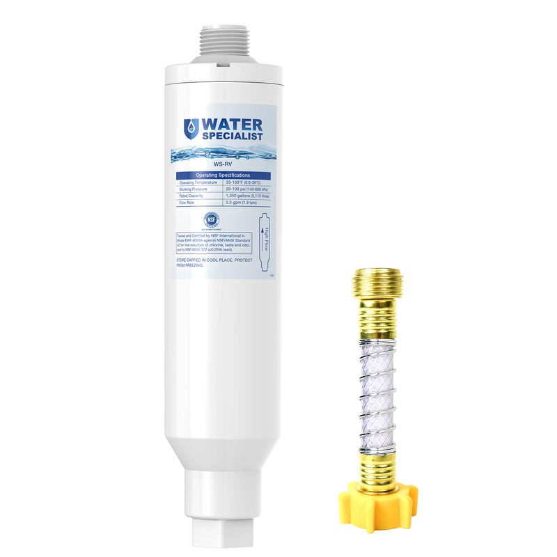 Waterspecialist فلتر مياه داخلي خاص بالسيارات الترفيهية، معتمد من NSF، يقلل من الكلور، والطعم السيئ والرائحة، والصدأ، والتآكل، والرواسب، والعكارة، مخصص للسيارات الترفيهية، عبوة واحدة من فلتر المياه مع واقي الخرطوم - Image 1
